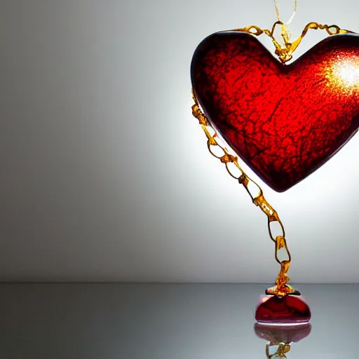 Prompt: high resolution photo of a very beautiful human heart shaped glass organic sculpture made of translucent crimson colored glass embedded with fine gold chains, on a base. soft light, studio lighting, high resolution, high quality, dslr
