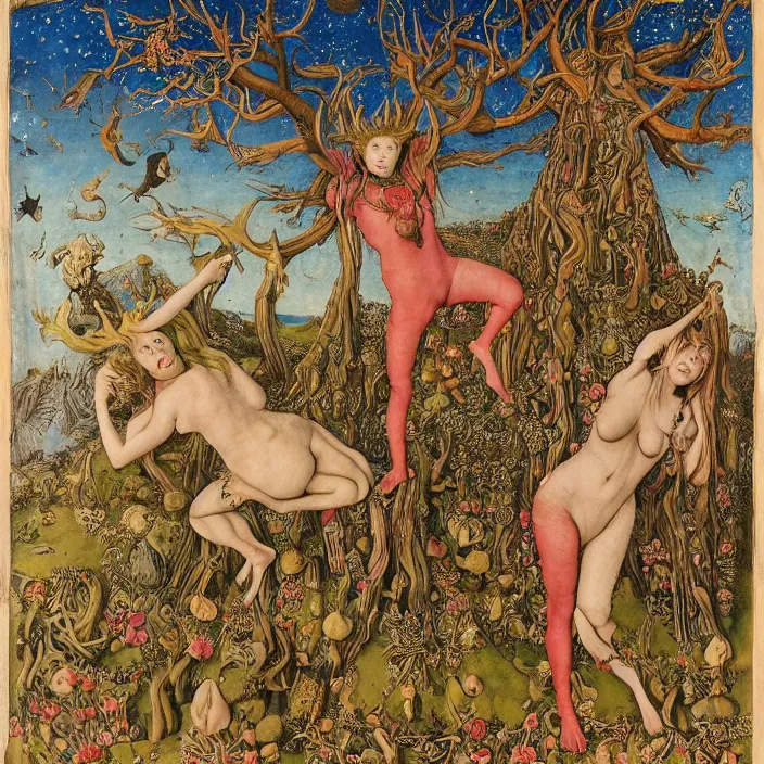 Image similar to a wide landscape with a tattood succubus with animal stripes and antlers transforming into a tree while the stars look like flowers by jan van eyck, ernst fuchs, nicholas kalmakoff, joep hommerson, character, full body, catsuit, max ernst, hans holbein, lace