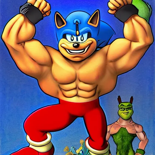 Prompt: gigachad sonic the hedgehog bodybuilder as shrek, flexing, character portrait, face, cinematic lighting, blue, sonic, art by brian bolland, gaston bussiere, bayard wu, maxim verehin