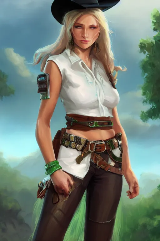 Image similar to full body, female cowgirl, perfect face, white blouse, holster, 8 k, magic the gathering, desert, d & d, artstation, high detail, smooth, sweaty, emerald herald