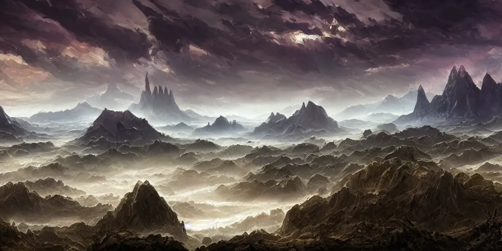 Image similar to The eldritch landscape with mountains in the background and great river down the middle, Sci-Fi fantasy desktop wallpaper, painted, 4k, high detail, sharp focus