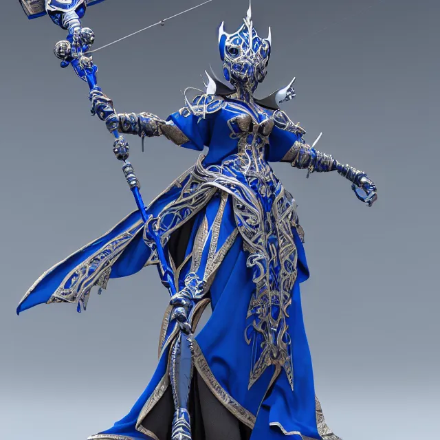 Image similar to elemental sky witch in ornate blue and white robes and staff, highly detailed, 8 k, hdr,, clayton crain