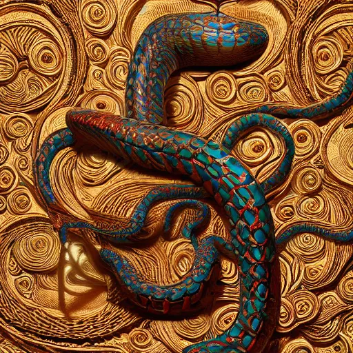 Image similar to A photo-real delicate sculpture of an ornate detailed snake in front of a intricate background by AJ Fosik, micro detail, backlit lighting, octane renderer, colorful, physically based rendering, tribal art, trending on cgsociety