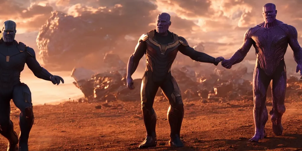 Image similar to an octane render from tom cruise shaking hands with thanos at the battle field of avengers endgame, cinematic, high resolution film render 100k, photo realistic