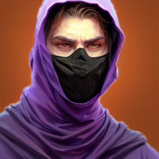 Image similar to ultra realistic illustration, man in a black hood, in a striped purple balaclava, mysterious, highly detailed, digital painting, artstation, concept art, smooth, sharp focus, illustration, art by artgerm and greg rutkowski and alphonse mucha