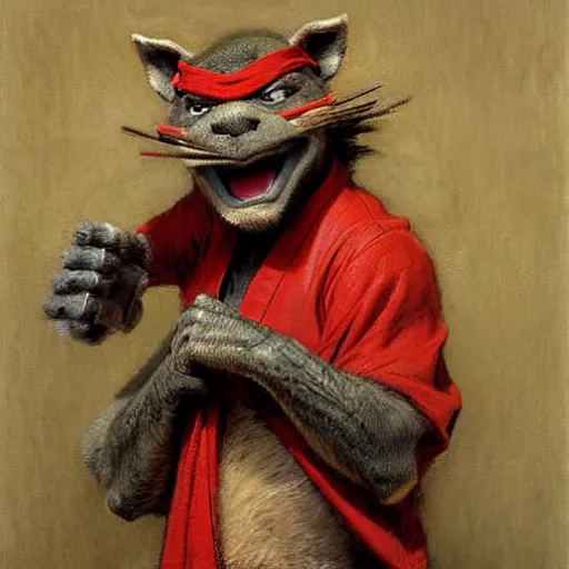 Prompt: a portrait of a furry splinter from tmnt wearing a red kimono, hairy, furry body, furry arms, feet, tail. highly detailed painting by gaston bussiere, craig mullins, j. c. leyendecker, furry