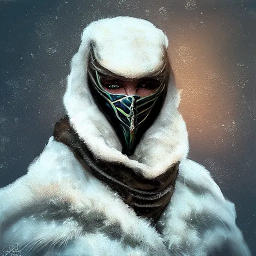 Image similar to “ fantasy snow bandit ‘ icewind dale ’ with mask, digital portrait by justin sweet, soft focus, oil paint, epic, artstation ”