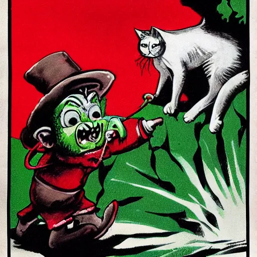 Prompt: haunted leprechaun juggling a demon cat out of a wizard hat, in the style of russian propaganda posters, black white and red colors, make it spicey