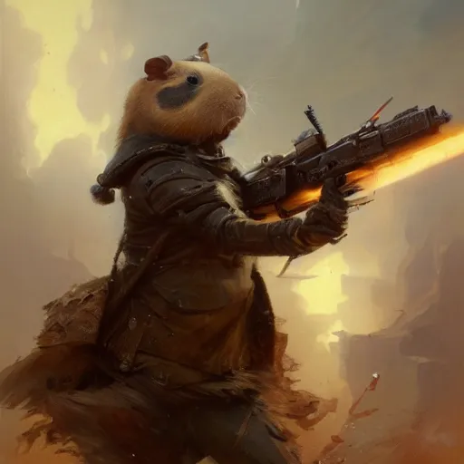 Image similar to Adorable Guinea Pig holding a frivolous weapon of war, illustrated by Greg Rutkowski and Gaston Bussiere, serious lighting, dramatic amtosphere, war-art style, photorealistic imagery, trending on artstation, 4k, 8k