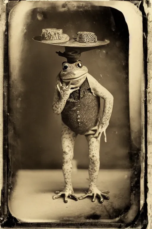 Image similar to a wet plate photo of an anthropomorphic sing and dancing vaudeville frog, porkpie hat