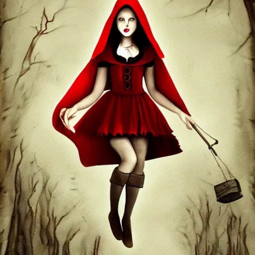 Image similar to little red riding hood by tim burton, 8 k, digital art masterpiece,