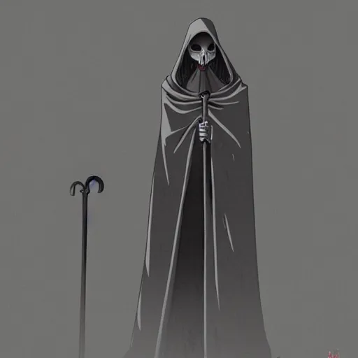 Image similar to a close shot of grim reaper standing in black smoke by studio ghibli, detailed, gloomy, horror, scary, digital art,