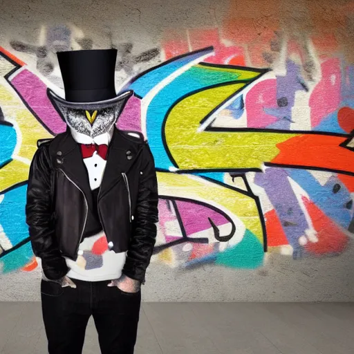 Image similar to gentleman owl with black biker jacket, portrait photo, crayon outline, wall with colorful graffiti, studio photo, suit, bow tie, tophat