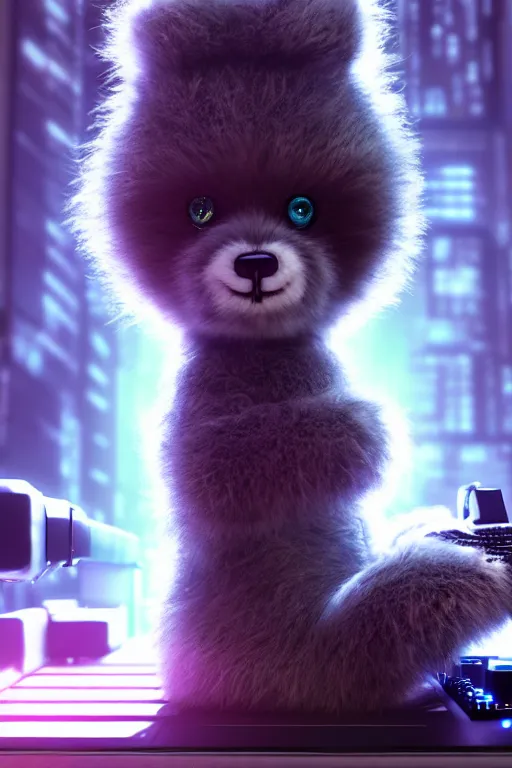 Image similar to high quality 3 d render very cute fluffy cyborg!! bear plays moog synthesizer, cyberpunk highly detailed, unreal engine cinematic smooth, in the style of blade runner & detective pikachu, hannah yata charlie immer, moody light, low angle, uhd 8 k, sharp focus