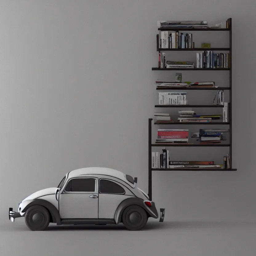 Image similar to a low poly render of a VW Beetle on a bookshelf, octane render, unreal engine 5, high quality