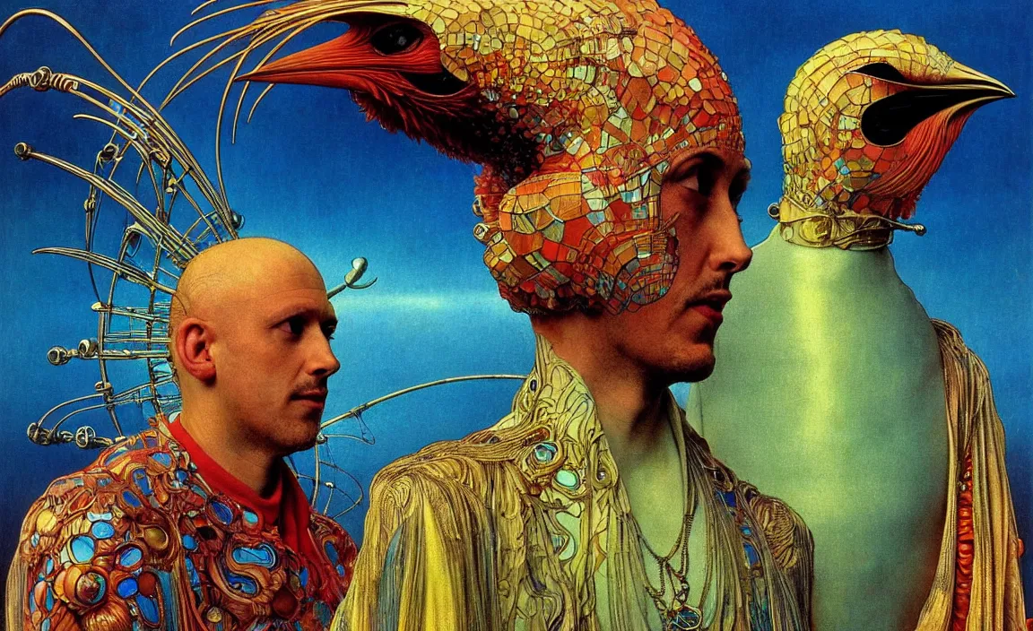 Image similar to realistic detailed portrait movie shot of a birdman wearing reflective transparent robes, sci fi city landscape background by denis villeneuve, amano, yves tanguy, alphonse mucha, ernst haeckel, max ernst, roger dean, masterpiece, rich moody colours, blue eyes
