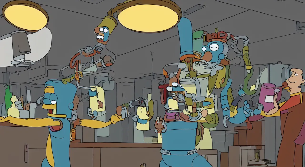 Prompt: a hilarious digital animation still of Bender from Futurama doing a keg-stand while wearing a lampshade in the style of Futurama