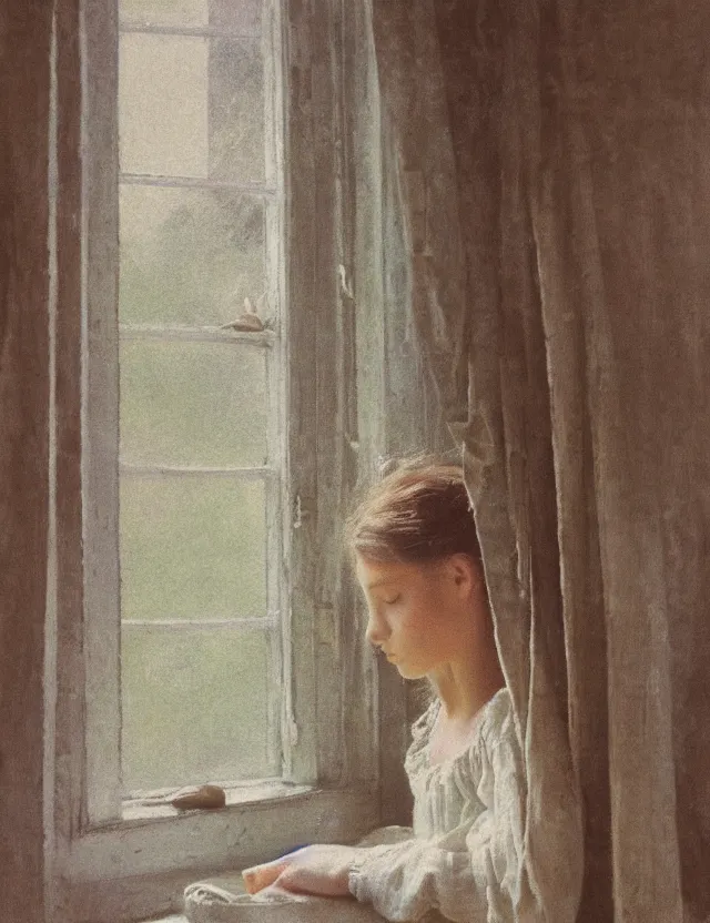 Image similar to peasant girl in a morning in country house looking in a window, cottage core, polaroid photo bleached vintage pastel colors high - key lighting, soft lights, foggy, by steve hanks, by lisa yuskavage, by serov valentin, by tarkovsky, detailed, oil on canvas