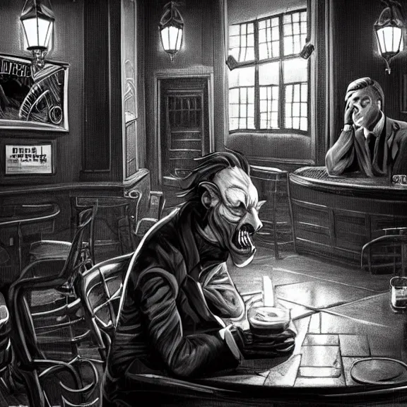 Image similar to the devil monster and a handsome gentleman sitting in a pub, film noir style, black and white and red colors, establishing shot, highly detailed, digital painting, artstation, concept art, smooth, sharp focus, illustration, Unreal Engine 5, 8K, art by artgerm, realistic painting