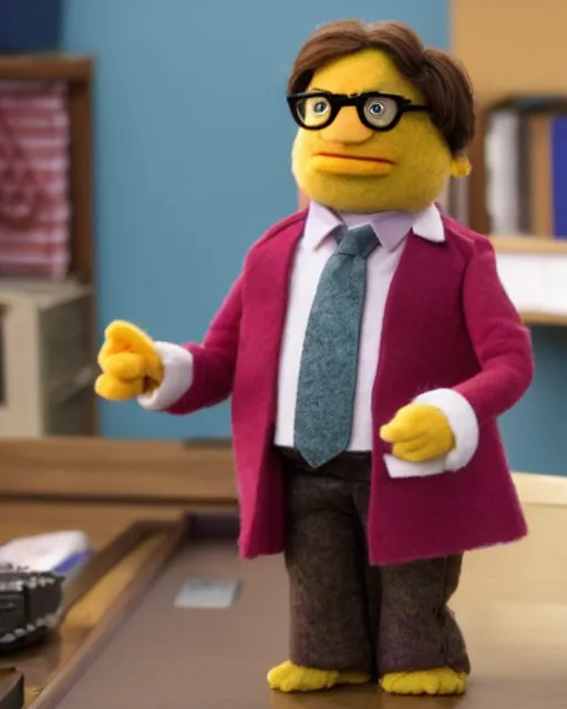 Image similar to film still from the office, dwight schrute as a muppet. highly detailed felt. hyper real photo. 4 k.