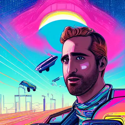 Prompt: a portrait of a Rayan Gosling with thunders in the sky in a future cybernetic city, outrun style and colours, trending on arstation, by dan mumford, by ross tran