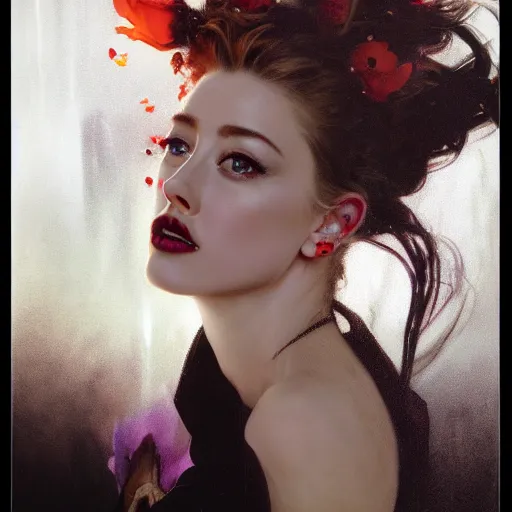 Image similar to hyperrealistic portrait of a woman as amber heard as a vampire witch tears makeup bun in a black flower coat turned back reflection in a window portrait cracks with falling petals. by jeremy mann and alphonse mucha, fantasy art, photo realistic, dynamic lighting, artstation, poster, volumetric lighting, very detailed faces, 4 k, award winning