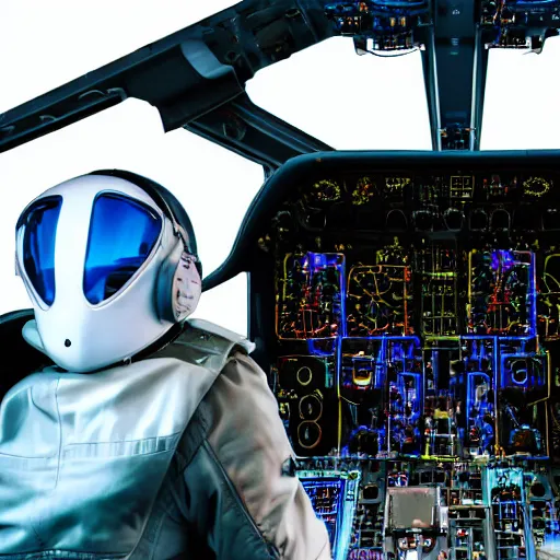 Prompt: hdr photography, portrait, photo of futuristic pilot, symmetrical face, flight helmet with holographic heads up display, illuminated by the instrument panel, sitting in startfighter cockpit, torso and head