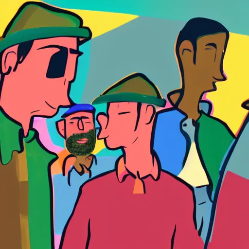 Prompt: a thin guy with a big nose and an overbite wearing a brown beret and a palid green plaid shirt stand up participating on a tv show, coloful, vibrant colors, illustration, trending artstationg, backlight