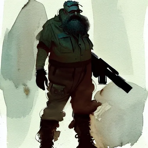 Image similar to post apocalyptic wasteland explorer, dark science fiction, bulky dude, male, old man, tan skin, huge beard, style craig mullins, watercolor