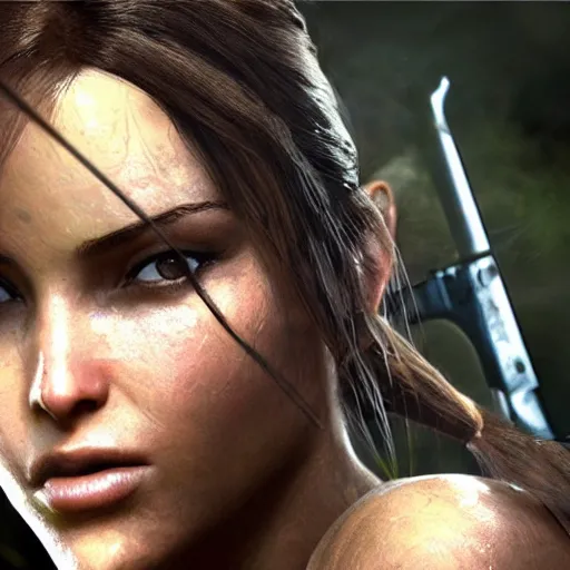 Image similar to dew, dew covers lara croft's face, focus on her face, sunlight, bloom effect