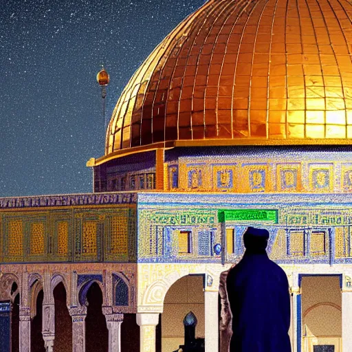 Prompt: a beautiful illustration of dome of the rock jerusalem and f a muslim is praying in front of it, digital art, trending on artstation