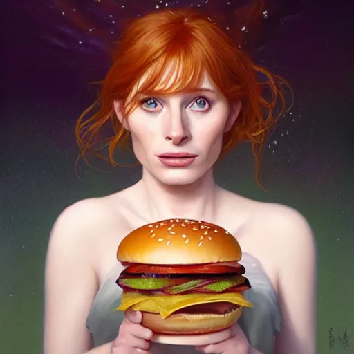 Prompt: portrait of Bryce Dallas Howard eating hamburgers, extra onions and ketchup, luscious patty with sesame seeds, feminine ethereal, handsome, D&D, fantasy, intricate, elegant, highly detailed, digital painting, artstation, concept art, matte, sharp focus, illustration, art by Artgerm and Greg Rutkowski and Alphonse Mucha