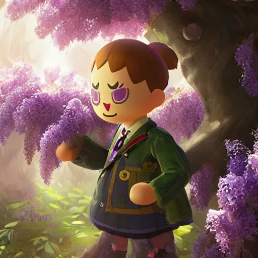 Image similar to animal crossing skye under Wisteria, floral explosion, radiant light, vortex of plum petals, oil painting, Tooth Wu, Greg Rutkowski, RPG portrait, dynamic lighting, fantasy art, High contrast, depth of field