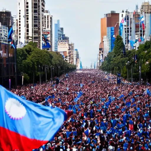 Image similar to Lady Gaga as president, Argentina presidential rally, Argentine flags behind, bokeh, giving a speech, detailed face, Argentina