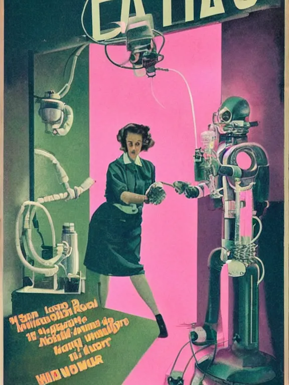 Image similar to a female mad scientist in a lab coat building a robot!!! man!!!, in a darkly lit laboratory room, 1 9 5 0 s horror film movie poster style, ( norman rockwell oil painting ), retro vintage, saturated pink and green lighting, shadowy lighting