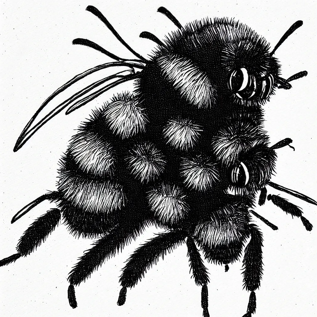 Prompt: a bumblebee with a jetpack on its back, drawn with a black 0. 3 mm fineliner on a white paper