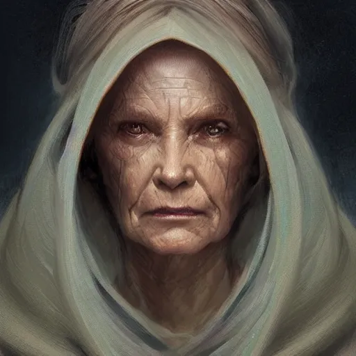 Prompt: portrait of a woman by greg rutkowski, grand jedi master jade skywalker, copper wavy hair, star wars expanded universe, she is about 7 0 years old, wearing jedi robes, wise and serene, highly detailed portrait, digital painting, artstation, concept art, smooth, sharp foccus ilustration, artstation hq