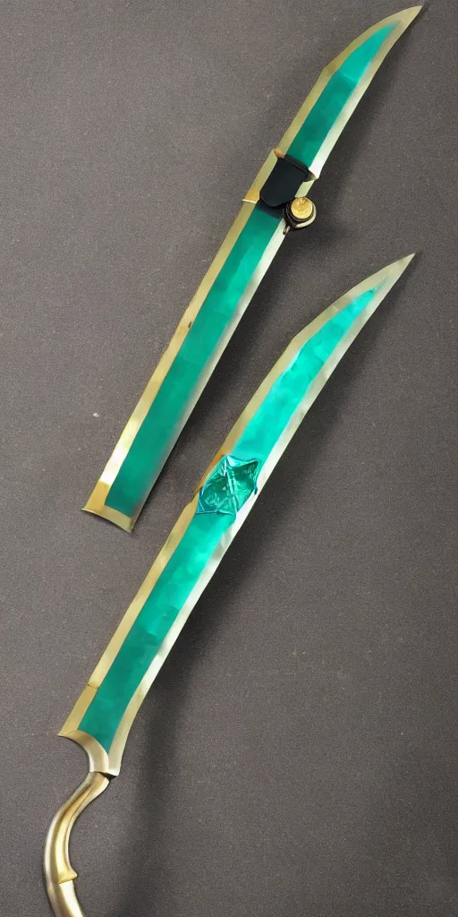 Image similar to photograph of a wide green and teal crystal double - edged sword blade attached to a big gold sword hilt