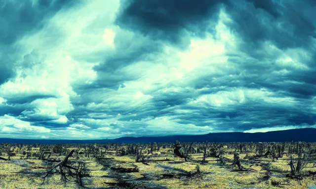 Image similar to panorama of big raindrops flying upwards into the blue sky from a dried up river in a desolate land, dead trees, blue sky, hot and sunny highly-detailed, elegant, dramatic lighting, artstation, 4k, cinematic landscape, photograph by Elisabeth Gadd