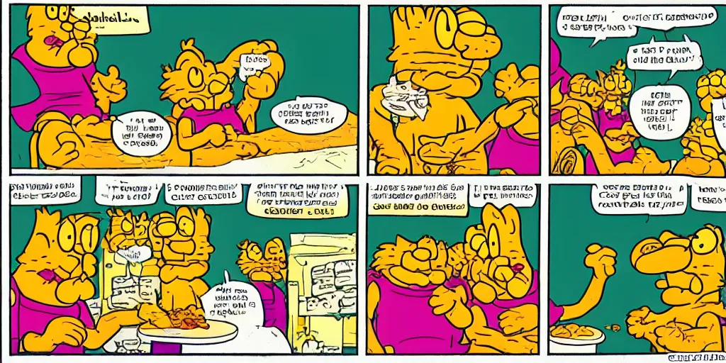Image similar to three panel garfield comic strip about taco bell.