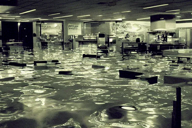 Prompt: flooded mcdonald's mc - aspic aspic meal, in 1 9 9 5, y 2 k cybercore, industrial low - light photography, still from a ridley scott movie