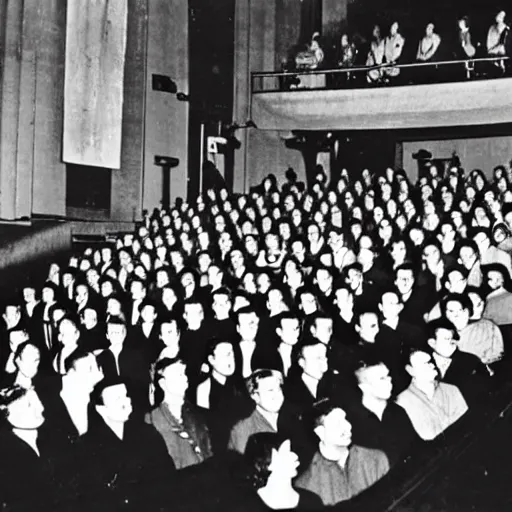 Prompt: Photo of crowd at 1944 opera shows one person who clearly doesn't belong