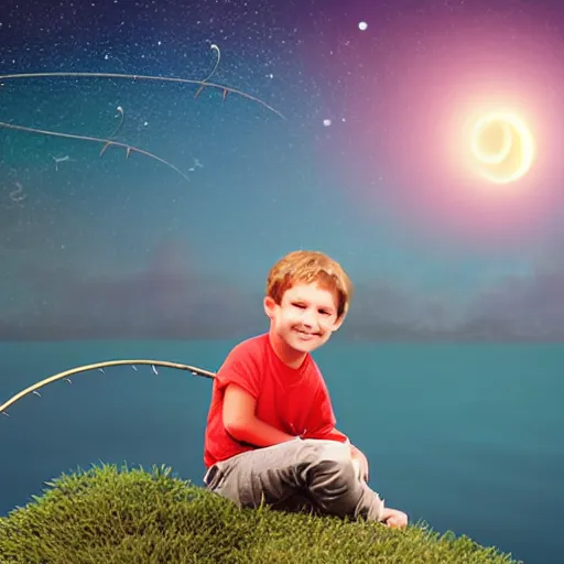 Prompt: a kid sitting on a half moon and fishing the stars