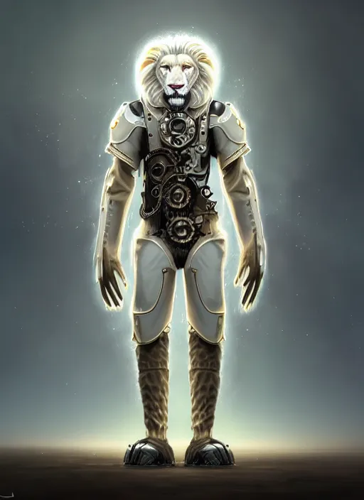 Image similar to an anthromorphic male white lion in a steampunk cybersuit, diffuse lighting, fantasy, highly detailed, photorealistic, digital painting, artstation, illustration, concept art, smooth, sharp focus, in the style of tom bagshaw