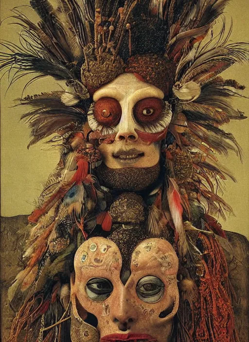 Prompt: a (surreal) painting of a shaman's face, by Giuseppe Arcimboldo, symbolist, soft colors, dramatic lighting, smooth, sharp focus, extremely detailed, made of feathers, aesthetically pleasing composition