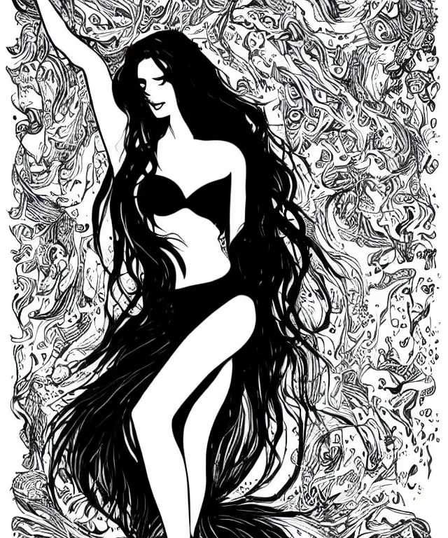 Image similar to black and white illustration, creative design, dark fantasy, fine art, beautiful mermaid, full body, swimming in ocean, fish tail bikini top flowing hair
