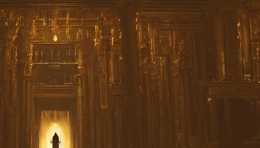 Image similar to An Enigmatic Ritual Performed by hooded figures in a detailed temple with dynamic lights and shadows, Roger Deakins, Cinematic Lighting, highly detailed, 8k