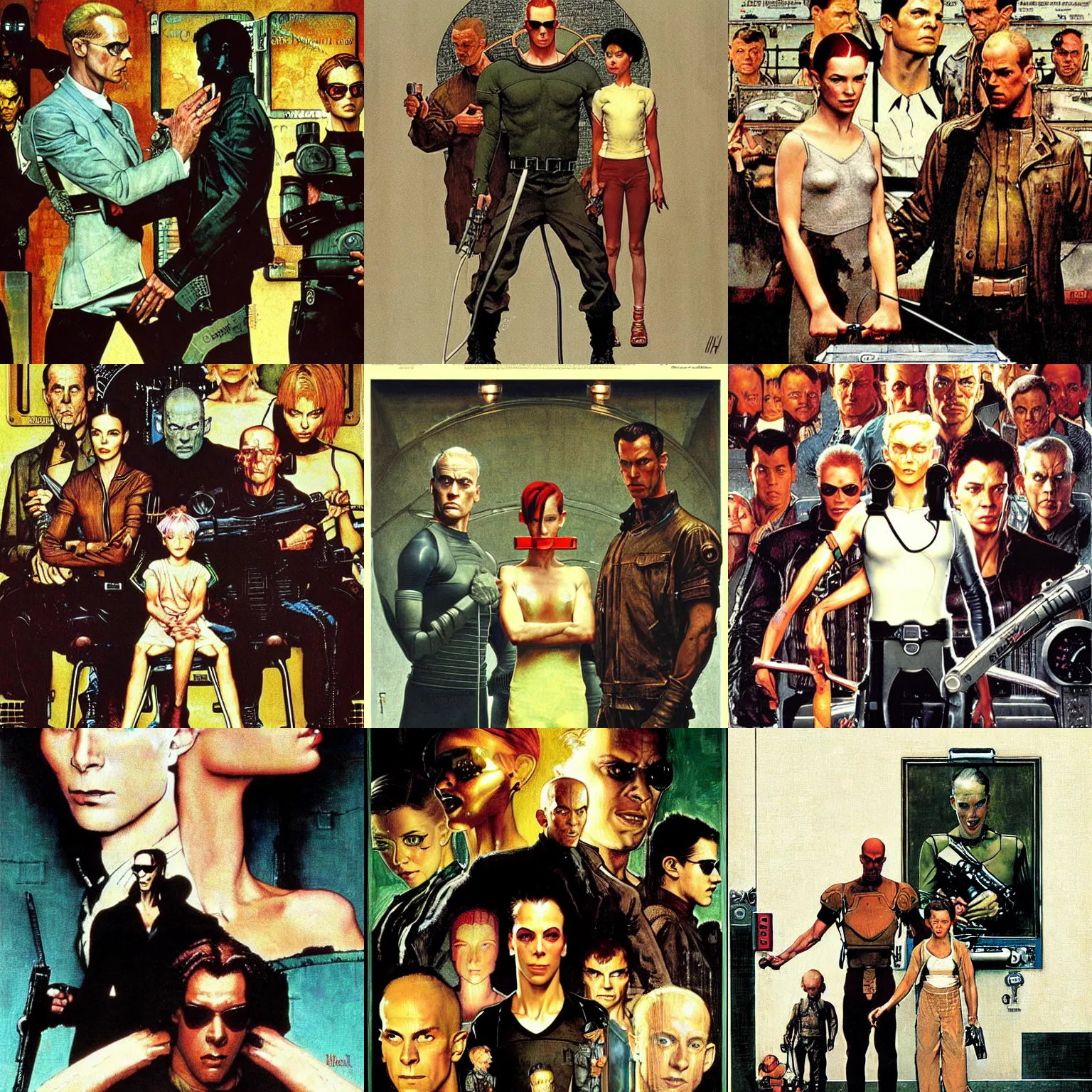 Prompt: Norman Rockwell painting of The Matrix, The Fifth Element and Minority Report