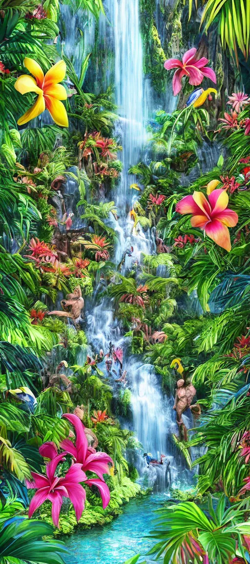 Image similar to cascading concept art of an exotic garden with waterfall pools, macaw parrots flying, flowers and palm trees, plumeria, detailed, highly detailed, aesthetic, realistic, hyper realism, colorful, in depth, intricate,