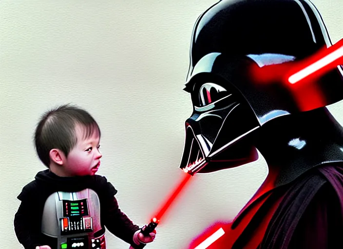 Prompt: hyperrealistic mixed media fine art painting of darth vader with red lightsaber drawn about to battle a cute baby, stunning 3d render inspired art by WLOP and Artgerm and Greg Rutkowski and Alphonse Mucha + perfect facial symmetry + dim volumetric lighting, 8k octane beautifully detailed render, post-processing, extremely hyperdetailed, epic composition, grim yet sparkling atmosphere, cinematic lighting + masterpiece, trending on artstation